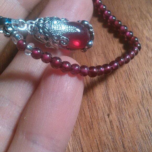 Simulated Ruby and Genuine Mozambique Garnet Silvertone Dragon Pendant Necklace - Picture 11 of 13